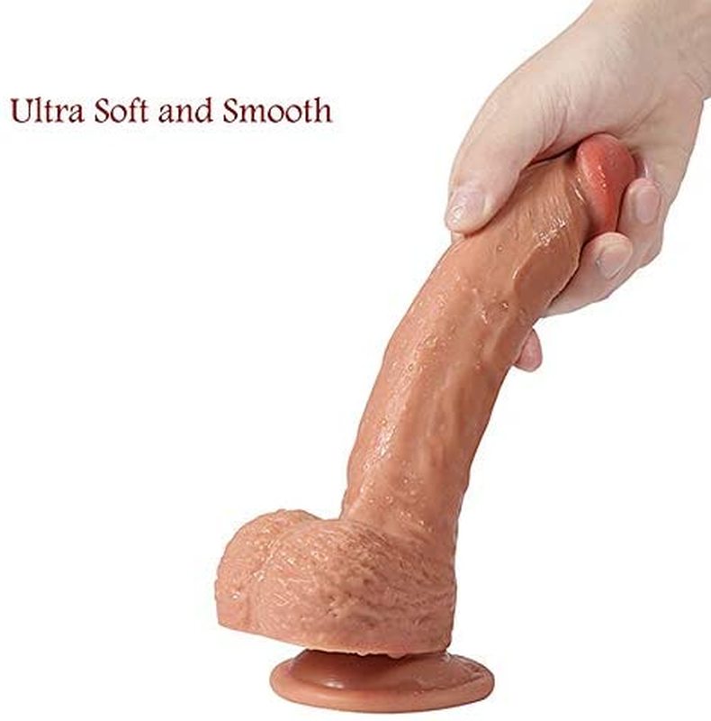 Realistic Ultra-Soft Dildo for Beginners with Flared Suction Cup Base for Hands-Free Play Flexible Dildo with Curved Shaft and Balls for Vaginal G-spot and Anal Prostate Play